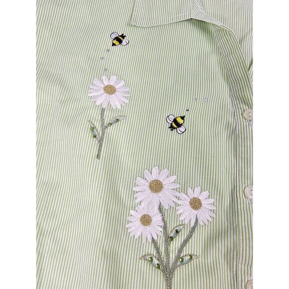 Tia Designs Shirt Green Gingham Womens 2X Bee‎ Floral Embroiderd CottageCore - Picture 7 of 16